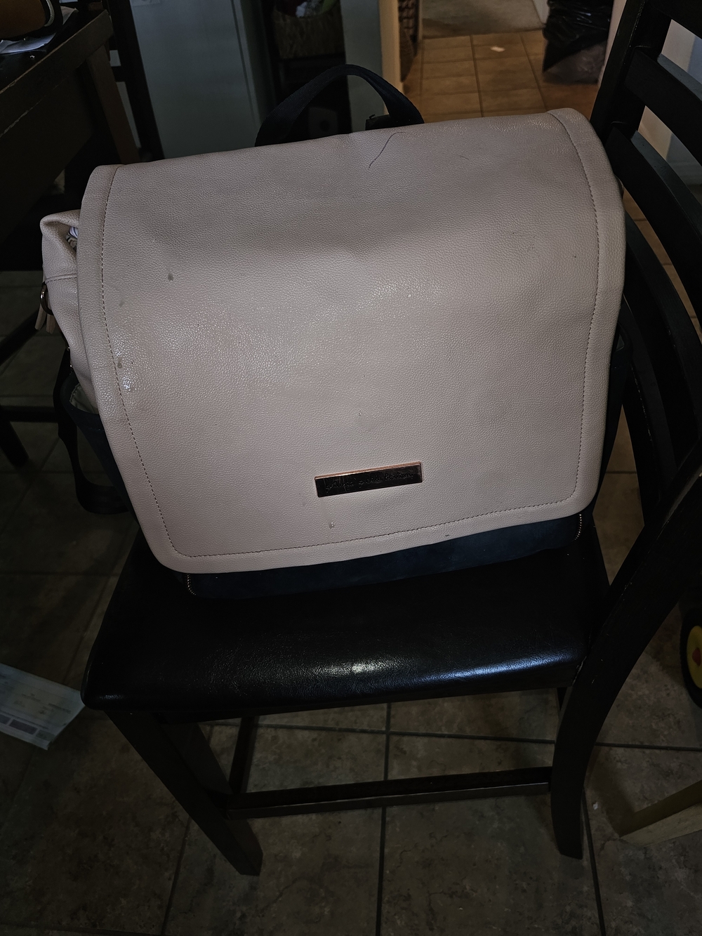 Petunia Pickle Bottom Cream and Navy Backpack-Style Baby Bag